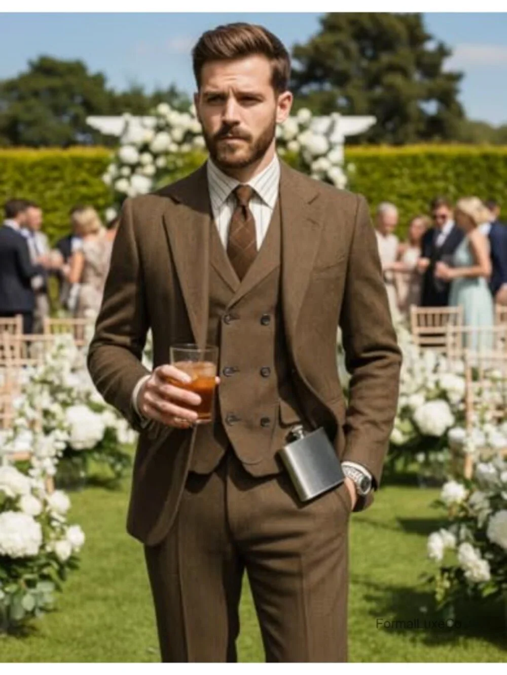 3 Piece Men's Tuxedo Suit Regular Fit Tweed Herringbone Double Breasted Blazer